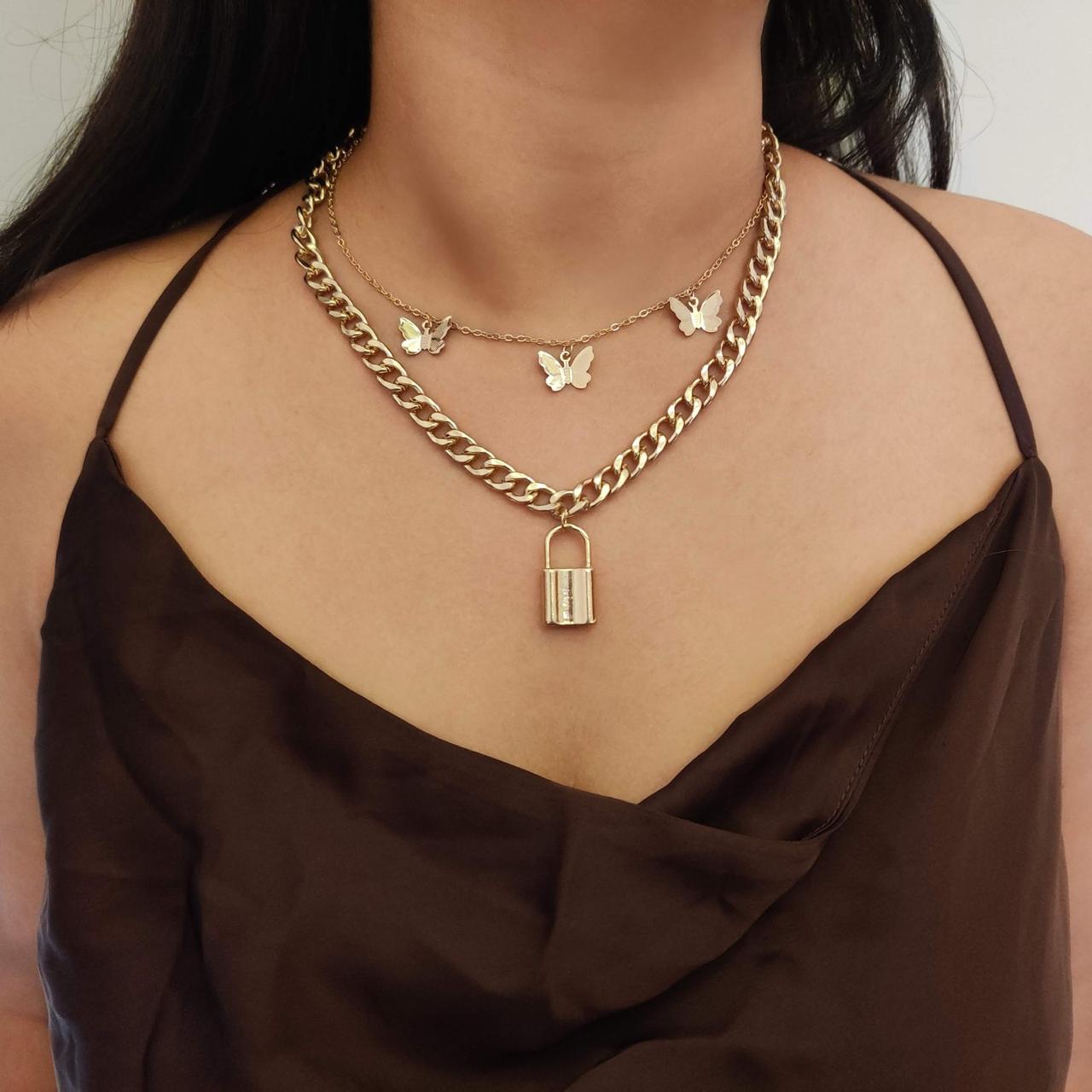 Locked butterfly Necklace- double layered - CS