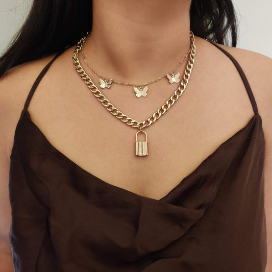 Locked butterfly Necklace- double layered - CS